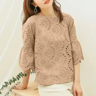 ZANZEA Plus Size Women Floral Lace Splicing Crew Neck Blouse, Elegant 3/4 Loose Petal Sleeve Blouse For Spring & Summer,