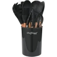 Cheffinger Kochbesteck-Set 12-tlg Küchenhelfer Kochbesteck Set Kochgeschirr Silikon Holzgriff (12-tlg., 12-teiliges Set)