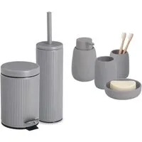 Zeller Present Badaccessoire-Set 6-teiliges Badaccessoire-Set - Keramik, Grau, Set, 6 tlg., 6-tlg., stilvolle Riffelstruktur