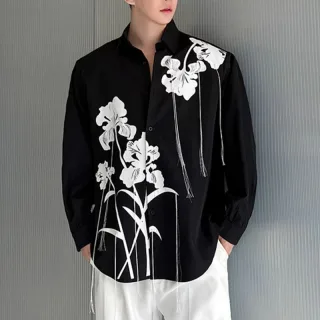 INCERUN Mens Floral Print Fringe Long-Sleeve Shirt Fashion Button Lapel Top for Male Loose Fit S-5XL