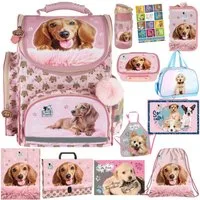 GOLDKIDS Schulranzen für Mädchen, 12er-Set - (Schul-Rucksack für Kinder mit Federmäppchen, 1-tlg., - Schuhbeutel Trinkflasche und Brotdose), - Hund Motiv- 1-3 Klasse