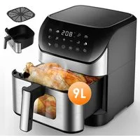 oyajia Heißluftfritteuse 10L Heißluftfritteuse aus Edelstahl, 2 Heizelementen, 12 Automatikprogramme, Sichtfenster, Touch Bedienfeld, LED Anzeige, 1800 W, Temperatur einstellbar 30 - 200 °C, 60-Minuten-Timer, silber-schwarz