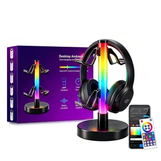 Elfeland Desktop RGB Headset Stand 17 Light Modes Controller Holder w/ USB LED Music Pickup Atmosphere Lamp Headset Game