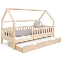 Ehrenkind Hausbett Lille aus massivem Kiefernholz inkl. Rausfallschutz und Rollrost (90x200 cm Natur, Hausbett mit optionalem Stauraum), 2 in 1 Aufbau bodentief oder Standardhöhe