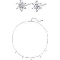 Hey Happiness Schmuckset Blumen, Filigrane Halskette und Ohrringe, Damenschmuck Zirkonia Blüte in 925er Silber