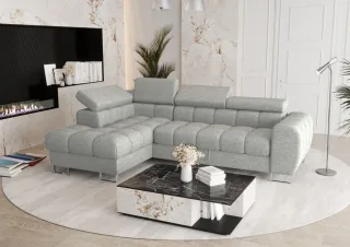Ecksofa Schlafsofa BASTIEN in Stoff Aragon Hellgrau Ottomane Links