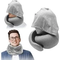 FELIXLEO Reisekissen Nackenkissen Flugzeug, Memory Foam Reisekissen mit Kapuze, Hellgrau, 1-tlg.
