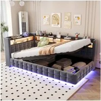 Merax Daybett mit LED-Beleuchtung und USB-Ladeanschlüssen (Jugendbett Kinderbett Einzelbett Sofabett aus Samtstoff, 1 tlg), Polsterbett Tagesbett 90x200cm mit hydraulischem Stauraum & Staufächer