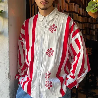 INCERUN Mens Floral Print Striped Long Sleeve Shirt Fashion Casual Button Up Lapel Top for Male Loose Fit S-5XL