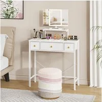 OYRREU Schminktisch inkl. 3-fach Spiegel mit Beleuchtung, Schreibtisch, Beistelltisch weiß (Schminkkommode 1-St), Kosmetiktisch, Stoffschubladen, platzsparend, Kompaktes Design