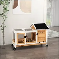 PawHut Kleintierstall Zwergkaninchenstall aus Holz mit Freilaufgehege, Rädern, Klappdach, mit Ausziehbarem Tablett für Indoor, Outdoor, Gelb