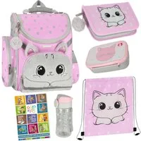 GOLDKIDS Schulranzen für Jungen und Mädchen, 6er-Set - (Schul-Rucksack für Kinder mit Federmäppchen -, 1-tlg., Schuhbeutel Trinkflasche und), Brotdose - Katze Motiv- 1-3 Klasse