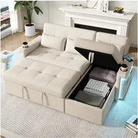 Merax Schlafsofa mit LED-Beleuchtung & USB, Ecksofa mit Schlaffunktion, Chenille 1 Teile, L-förmiges Sofa mit verstellbarer Rückenlehne, Stauraum & 3 Zierkissen