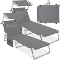 tectake Gartenliege Liegestühle klappbar mit Kopfpolstern, UV-beständig, 190 x 68 x, Sonnenliege Chloé, mit Seitentasche, 2 St., in grau, Sonnendach und Rückenlehne verstellbar, widerstandsfähig