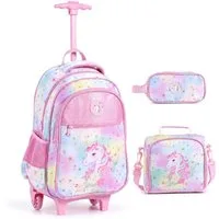 COSTWAY Kinderkoffer 3-teiliges Rollrucksack Set, 2 Rollen, Schulrucksack