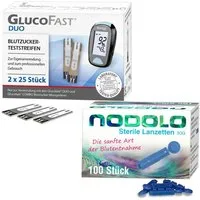 GLUCOFAST Blutzucker-Teststreifen DUO, 50 Stück und 100 Nodolo Lanzetten, 1-tlg., Kombiset