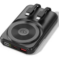VIESTA ALL-IN-ONE Powerbank 10.000 mAh Schwarz Powerbank, Apple Watch Charger,integrierte Kabel USB-C & Lightning,LED-Display