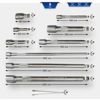 Brilliant Tools Kippverlängerungs-Satz 1/4" + 3/8" + 1/2", 9-tlg - BT020009