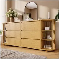 Odikalo Kommode Sideboard mit Bambus-Regalen & Säulen Natur (Kommode Sideboard 160cm Eiche, Römisches Design mit Säulen & Bambus-Regalen, 6 Schubladen & offene Regale, Höhenverstellbare Füße, H75/B160/T40 cm)