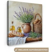 OneMillionCanvasses® Leinwandbild Lavendel - Brot - Stilleben, Fotodruck (1 St), Wandbild, Deko Schlafzimmer Wohnzimmer Flur 20x20 cm