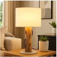 NOWA Tischleuchte, Leuchtmittel nicht inklusive, Tischlampe Tischleuchte Nachttischleuchte Holz braun Stoff weiß E14 H