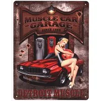 Moritz Metallschild Blechschild Muscle Car Garage Frau auf Auto, (Einzeln), 25 x 33 cm Vintage Retro Deko Schild Metallschild Wandbild Schild