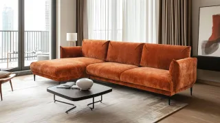 Ecksofa Designersofa MADISON XL in Stoff Dress Me Kupfer Ottomane Links