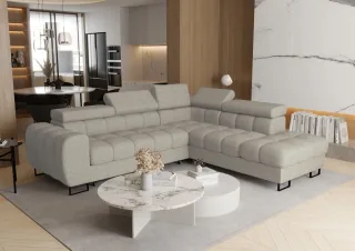 Ecksofa Schlafsofa BASTIEN MAX in Stoff Primo Beige Ottomane Rechts