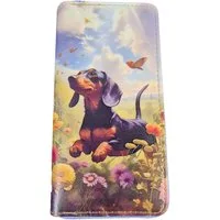 Einkaufszauber Geldbörse Damen Geldbeutel Dackel - Hund - Geldbörse Portemonnaie, Der Dackel tobt über die Blumenwiese und fängt Schmetterlinge