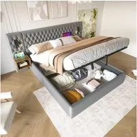 Flieks Polsterbett, Hydraulisches Doppelbett 180×200cm 2 Nachttische Leselicht USB-Laden