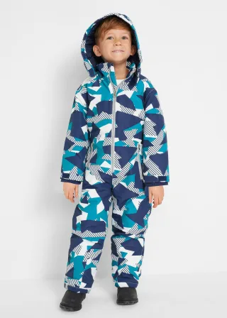 bonprix warm gefütterter Schneeanzug mit abnehmbarer Kapuze, blau, Gr.104, Toller Schneeoverall mit coolem Print, warm gefütterte und wasserfest