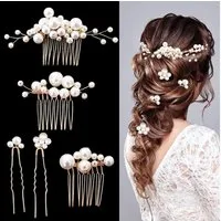 MOPUEA Diadem Braut Haarschmuck Set 5 Stück Haarnadeln Perlen Hochzeit Gold (Haarschmuck Set Braut Haarnadeln Haarkämme Hochzeit Gold, 5 Braut Haarkämme und Haarnadeln mit Perlen Design), Handgefertigt glänzend langlebig leicht zu befestigen