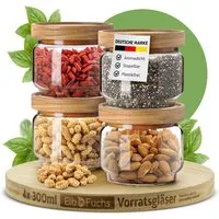 ElbFuchs Vorratsglas mit Holzdeckel, luftdicht schließend, Borosilikatglas, (Set, 4-tlg., 300 ml), BPA-FREI & MOTTENSICHER