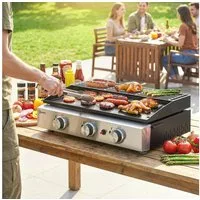 Outsunny Gasgrill mit 3 Brenner, Keramische Lackbeschichtung Grillrost, Warmhalterost, Picknickgrill, Tischgrill, für Garten Balkon