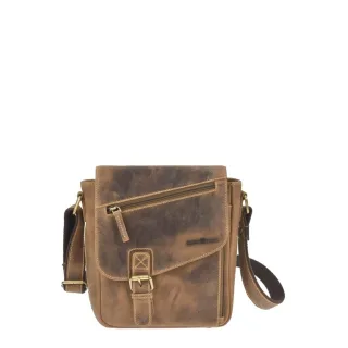 Schultertasche mit aufgesetzter Vortasche aus Leder in antikbraun kompakt | Greenburry. Robuste Umhängetasche RevolverBag für den täglichen Bedarf.