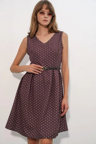 Mit Punkte-Muster Gürtelt Midi A-Linien Kleid