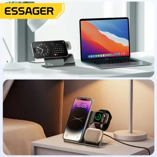 ESSAGER 3 in 1 PD15W High Power Magnetic Desktop Wireless Charger for iPhone 15 14 13 12 Pro/Max/Plus for Apple Watch 9/