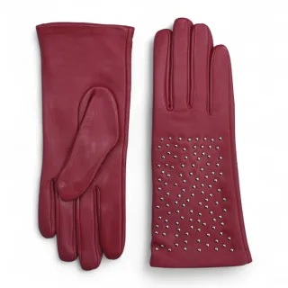 Rote italienische Leder-Fahrhandschuhe für Damen mit weichem Wollfutter, Winterdesign und Nietenbesatz