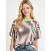 MIRROSI Sweatshirt Damen Kurzarm T Shirt Oversize Neonfarben Streifenmuster Ringelshirt, One Size Passform (ca. Gr. 34–40), Made in Italy