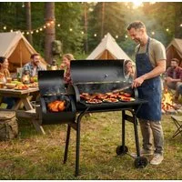 TLGREEN Holzkohlegrill 2-in-1 Holzkohlegrill & Smoker, BBQ Rauchgrill Grillwagen mit Schornstein, Thermometer, Mobiler Gartengrill mit Ablagefläche und 2 Rädern, Outdoor Grill für Garten, Terrasse, Camping, 4-6 Personen