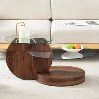 gopop Couchtisch 2er Set, Rundes Glas-Beistelltisch Wohnzimmertisch mit Stauraum, 6 mm Hartglasplatten, MDF-Basis, 90x70 cm