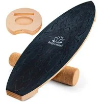 Body & Mind Balanceboard Surf Balance Board – Holz Wackelbrett mit Korkrolle + Ständer & E‑Book, Trainiert Gleichgewicht & Koordination
