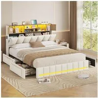 KIMENICH Polsterbett Bettgestell mit LED-Beleuchtung, 4 Schubladen, Ladestation, 140x190 cm, Weiß