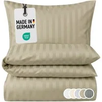 Carpe Sonno Bettwäsche Damast 135x200 155x220 Hochwertige Hotel Baumwoll Bettwäsche gestreift, Damast, 2 teilig, Bettwaren Set 155 x 220 Bettbezug mit Reißverschluss - Taupe