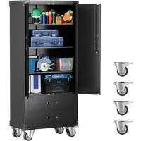 GarveeMore Werkzeugschrank aus kaltgewalztem Stahl mit 2 Türen & 2 Schubladen, 360° drehbar 3 verstellbare Böden, rollbar, 50 × 26 × 170 cm, Schwarz
