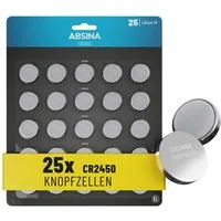ABSINA CR2450 Knopfzelle 25er Pack - CR 2450 3V Knopfzellen auslaufsicher Knopfzelle, (3V V, 1 St)
