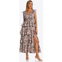 Imily Bela Maxikleid Damen Geblümte Boho Strandkleider mit hohem Schlitz (Packung, 1-tlg., 1per-Pack) mit Rüschen-Stufen