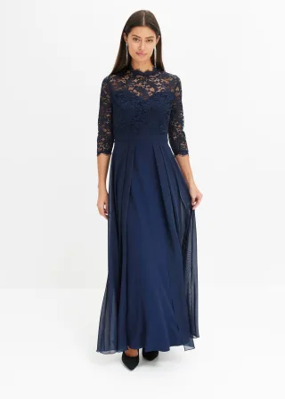 bonprix Maxikleid mit Spitze, blau, Gr.42, Bezauberndes Abendkleid mit Spitze im Oberteil und einem Rock aus strukturiertem Crepe sowie einem überlappendem Rock aus feinem Chiffon.
