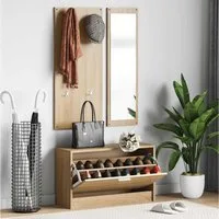 furnicato Garderoben-Set Schuhschrank-Set 80x27x46,5cm Sonoma-Eiche, (1-St), Flurmöbel-Set mit 4 Kleiderhaken und großem Wandspiegel für den Flur
