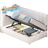 KIMENICH Jugendbett Polsterbett mit LED, Ladestation & Bettkas, Daybett, Schlafsofa (Ohne Matratze), Tagesbett für Schlaf- und Gästezimmer in 90 x 200 cm